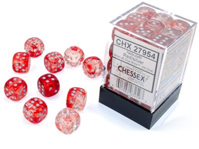 Chessex 12mm d6 Nebula Luminary Red/Silver Dice Block (36)