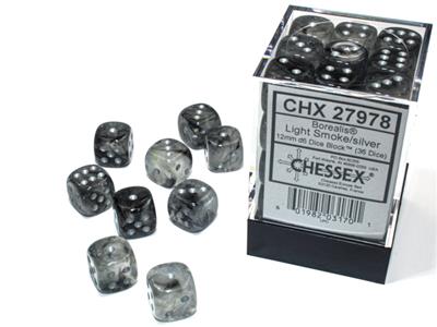 Chessex 12mm d6 Borealis Luminary Light Smoke/Silver 36 Dice Set