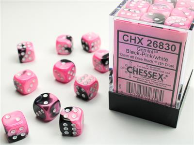 Chessex 12mm d6 Gemini Black-Pink/White Dice Set D&D Dice-12mm (36)