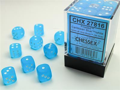 Chessex 12mm d6 Frosted Caribbean Blue/White Dice Block (36)