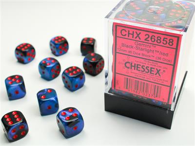 Chessex 12mm d6 Gemini Black-Starlight/Red Dice Block (36)