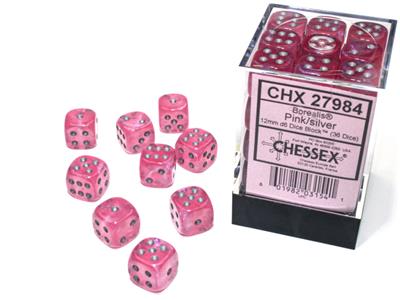 Chessex 12mm d6 Borealis Luminary Pink/Silver Dice Block (36)