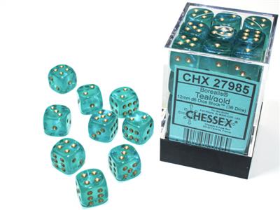 Chessex 12mm d6 Borealis Teal/Gold Dice Block (36)