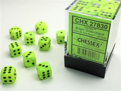 Chessex 12mm d6 Vortex Bright Green/Black Dice Block (36)