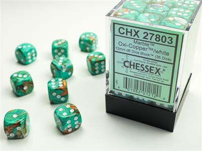 Chessex 12mm D6 Marble Oxi-Copper/White Dice Block (36)