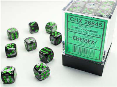 Chessex 12mm d6 Gemini Black-Grey/Green Dice Block (36)