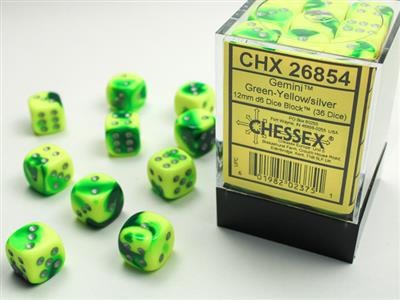 Chessex 12mm d6 Gemini Green-Yellow/Silver Dice Block (36)